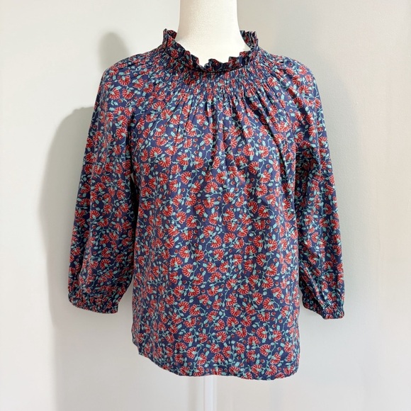 J. Crew Factory Printed Smocked-Neck Top Size XS Floral Navy Autumn High Neck - Picture 2 of 16